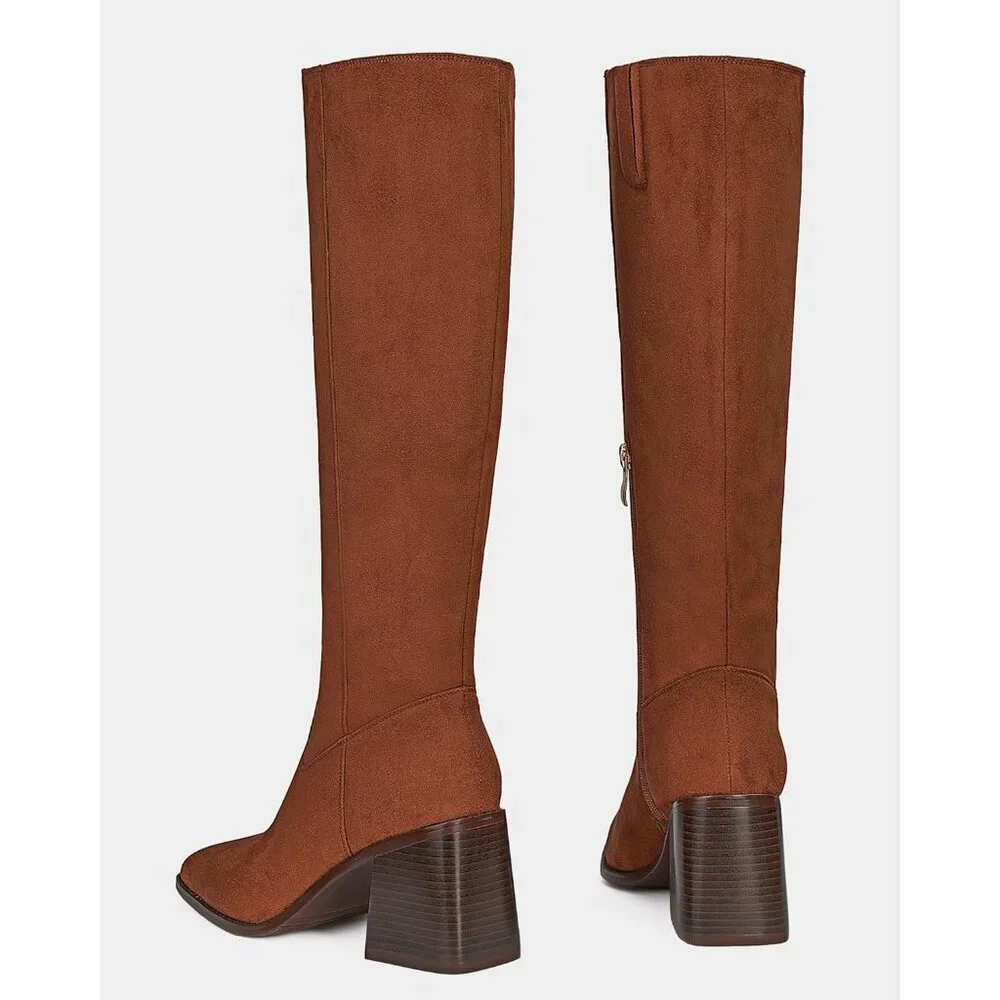 Women Brown-suede Polyurethane Knee High Square Toe Zipper Block Heel Tall Boots